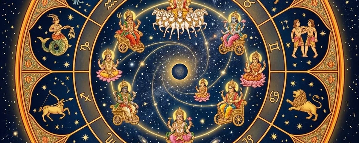 Vedic birth chart rashi chakra with the nine grahas and zodiac