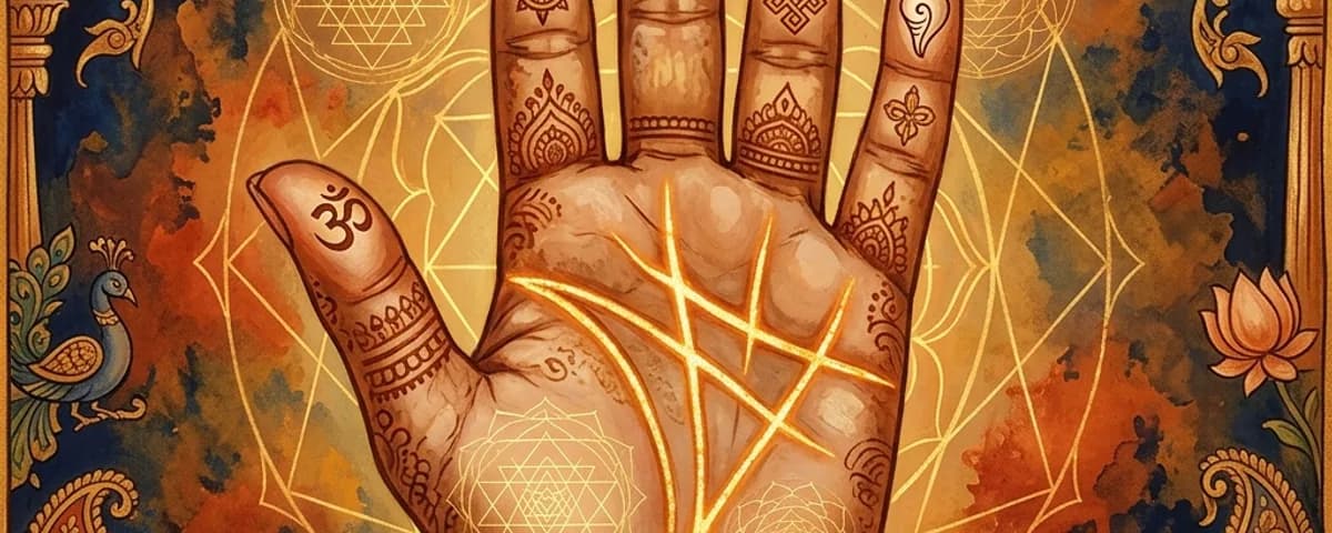 Open palm with life, heart and fate lines highlighted in gold