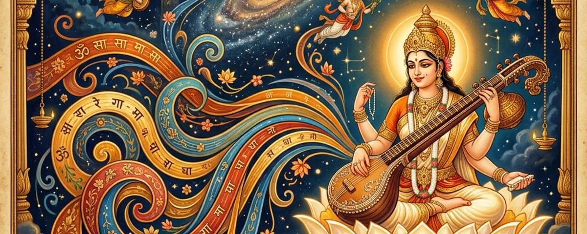 Saraswati with veena and flowing raga ribbons of sound