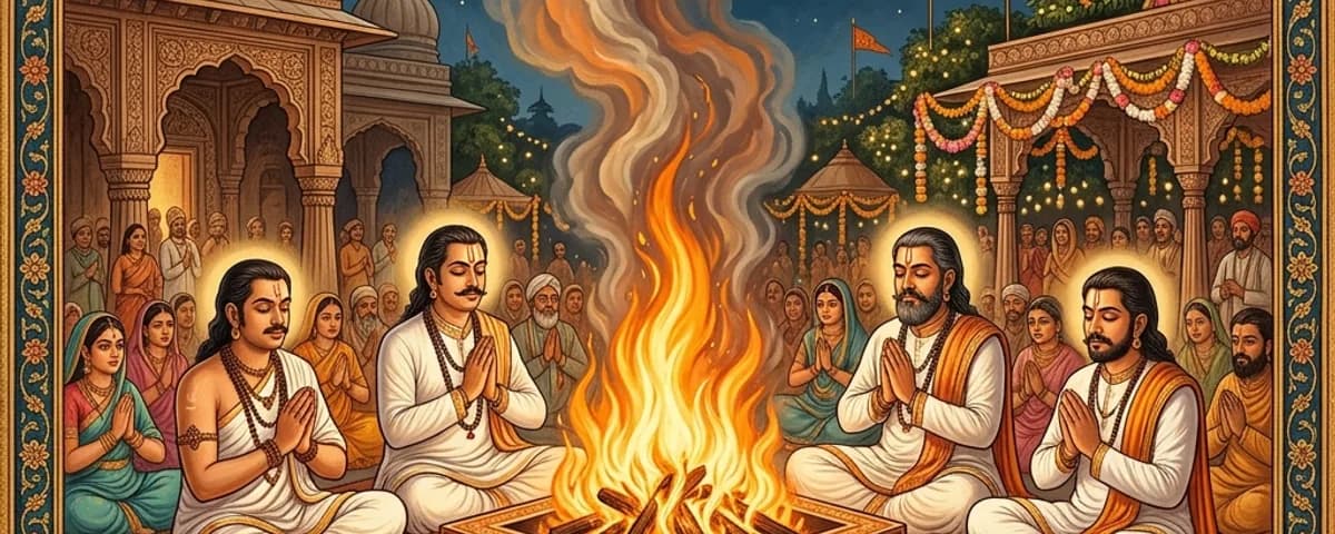 Sacred fire yajna with rising flames and ritual offerings