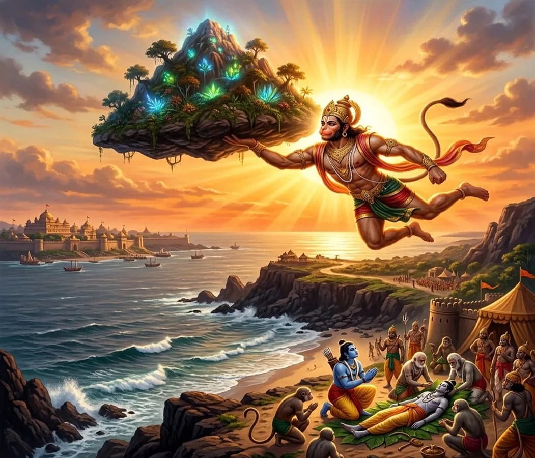 Hanuman carrying the Sanjeevani mountain - symbol of devotion and strength