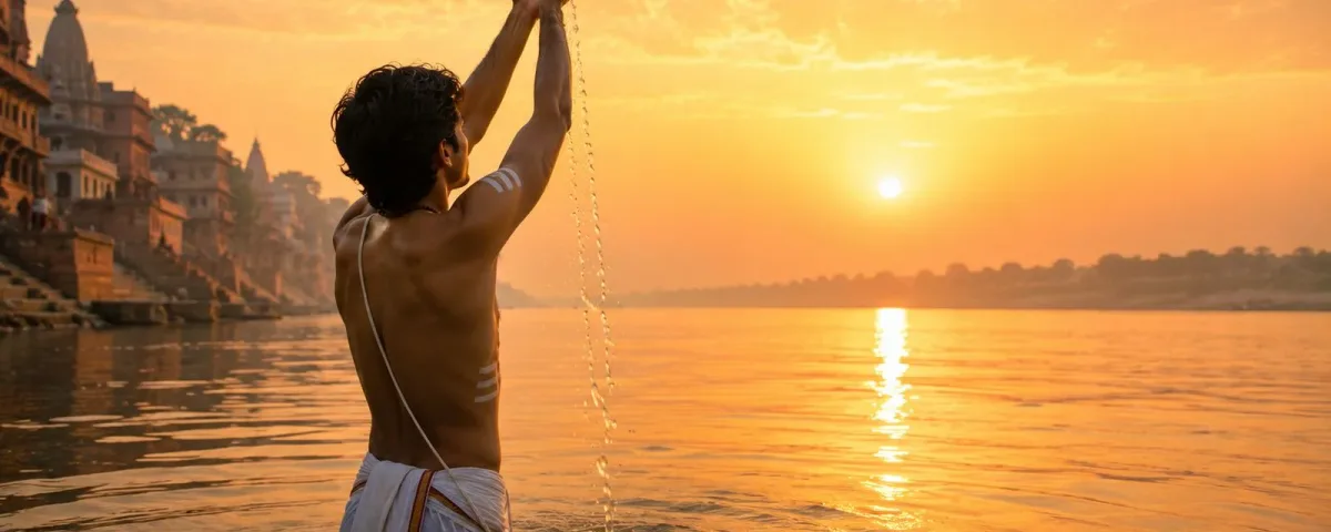 Tarpana at the river at dawn during Pitru Paksha - sacred-thread offering of water