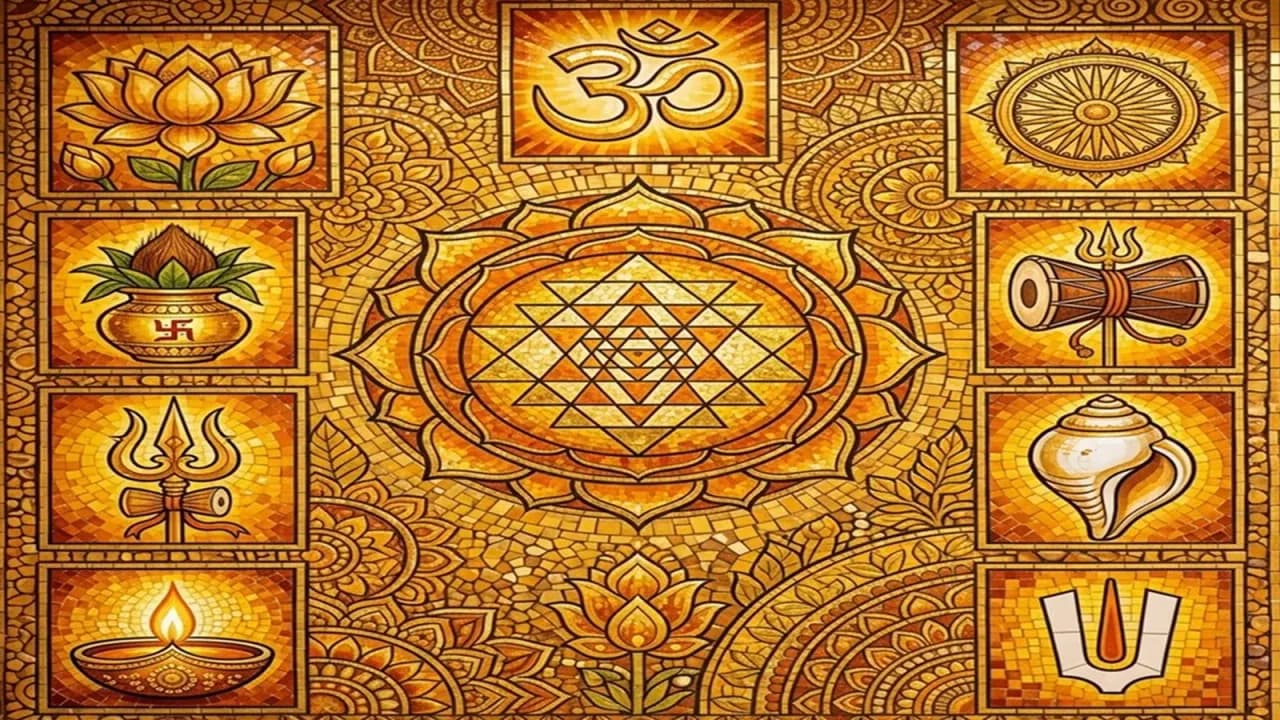 Sacred Hindu symbols - Om, lotus, trishula, swastika, shankha and more