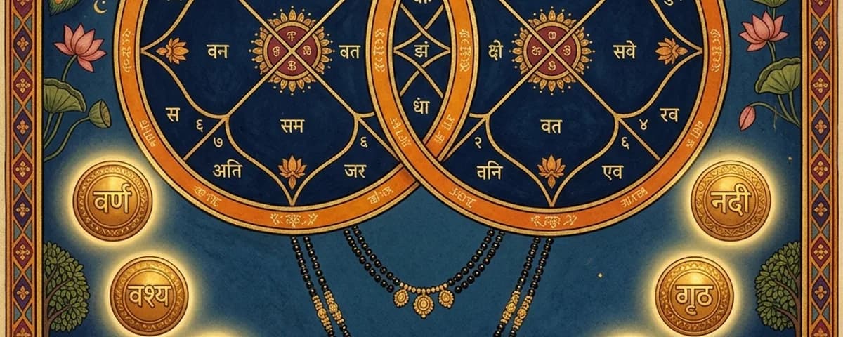 Two kundli charts joined with Ashtakoota guna-milan symbolism