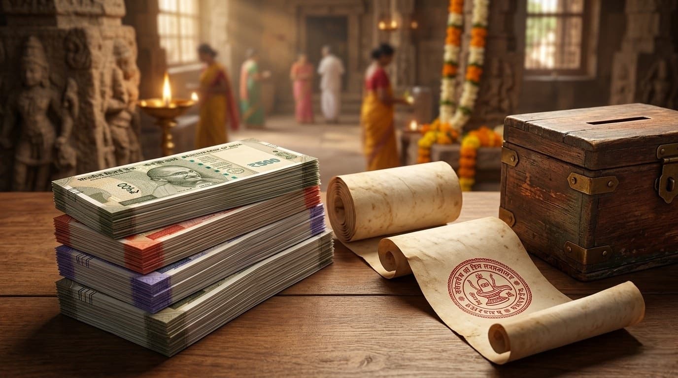 Stack of rupee notes next to a stamped donation receipt and a small temple donation box