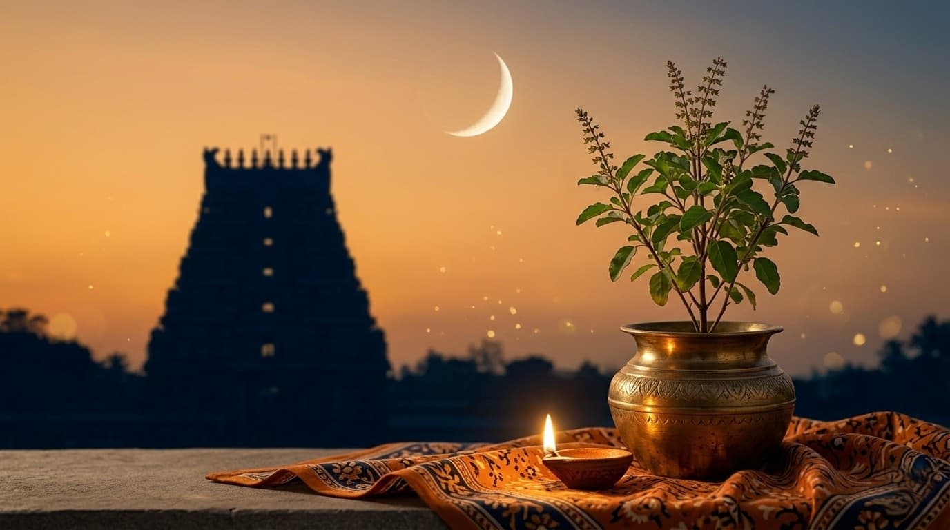 Crescent moon above the silhouette of a Vishnu temple at twilight, with a tulasi plant in a brass pot in the foreground