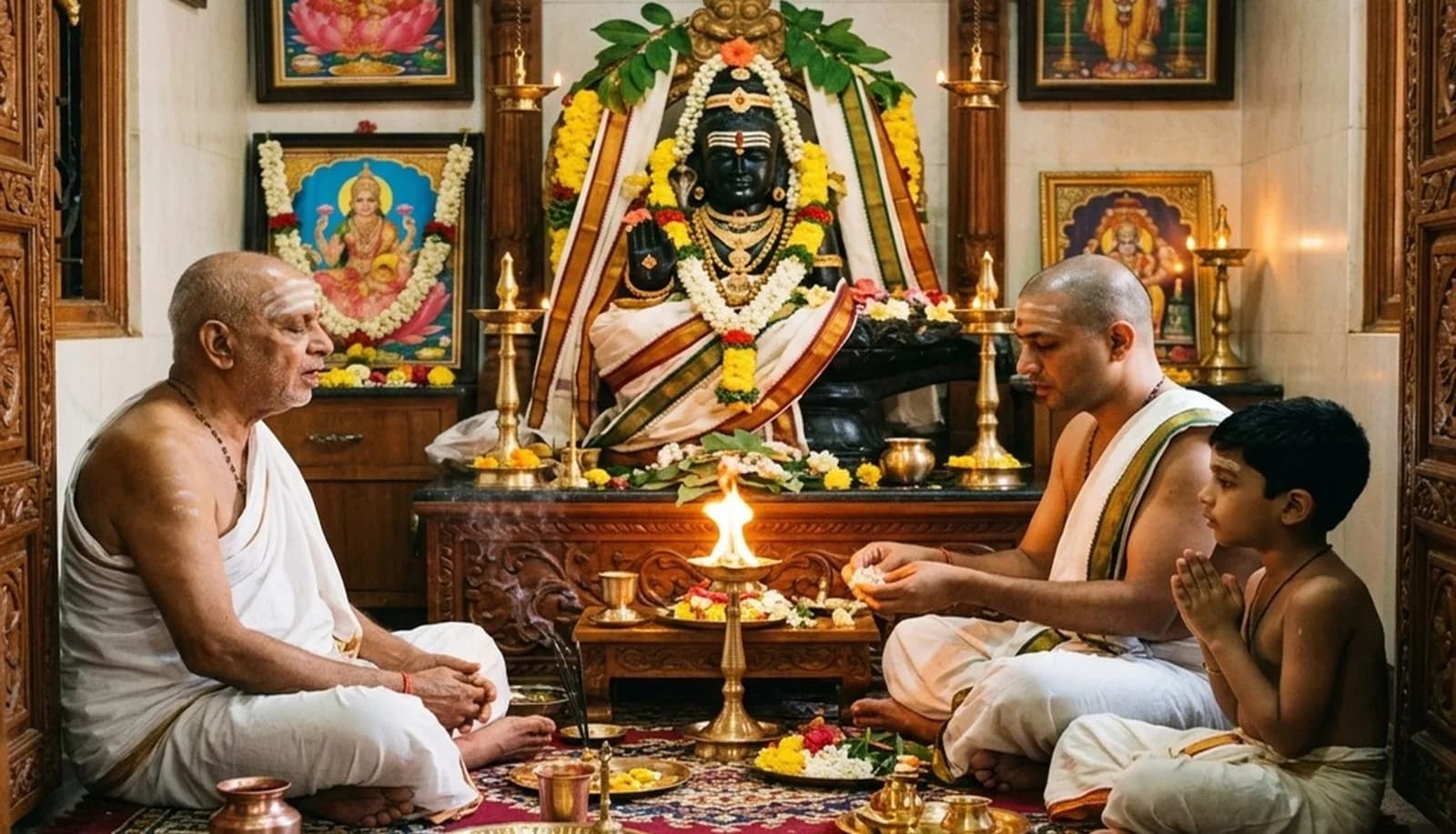 Three generations performing puja at the family deity shrine - kuladevata tradition