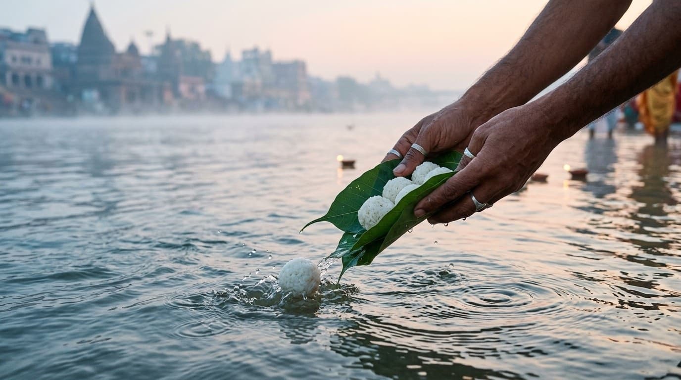 Hands offering pinda (rice balls) on banyan leaves into the flowing Phalgu river at dawn, Gaya ghat in the soft-focus background
