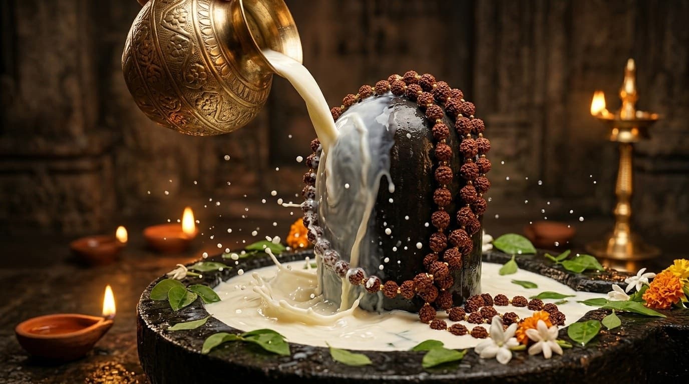 Temple priest pouring milk from a silver kalasha over a Shiva lingam during Rudrabhishek