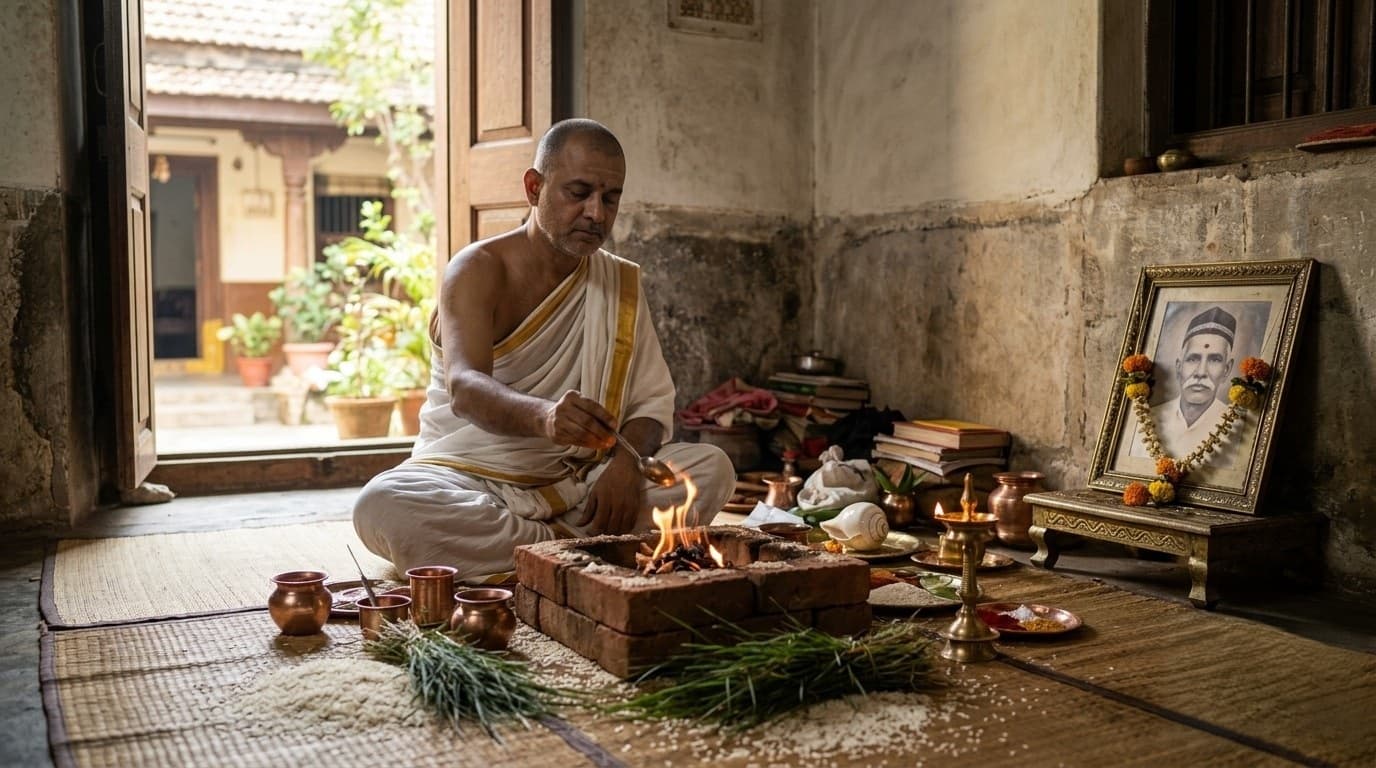 Brahmin priest in white veshti performing shraddha — rice grains, dharbha grass, and an ancestral photograph in a brass frame