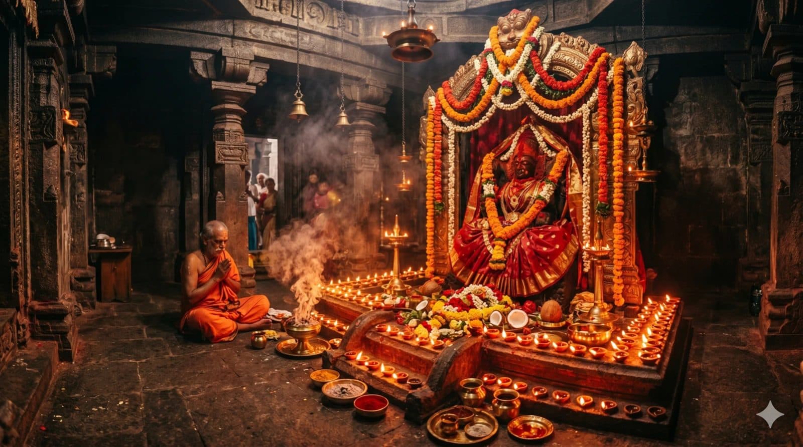 Devi temple adorned with flowers and lamps — Shakti Peetha pilgrimage circuit