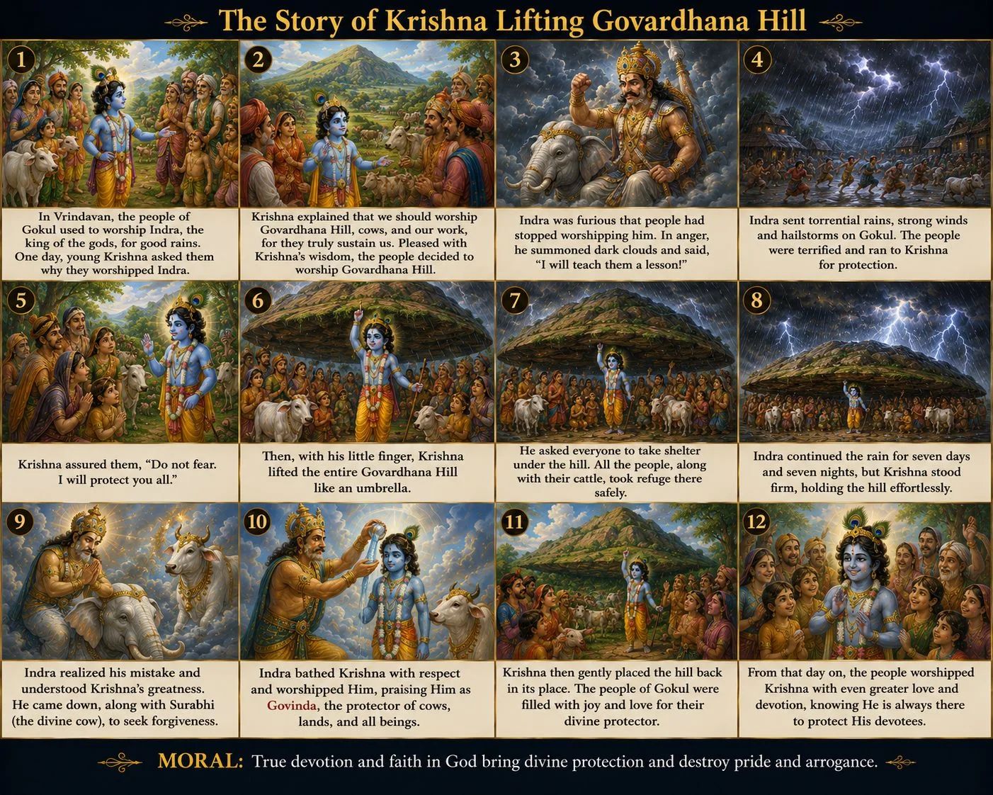 Krishna lifts Mount Govardhana
