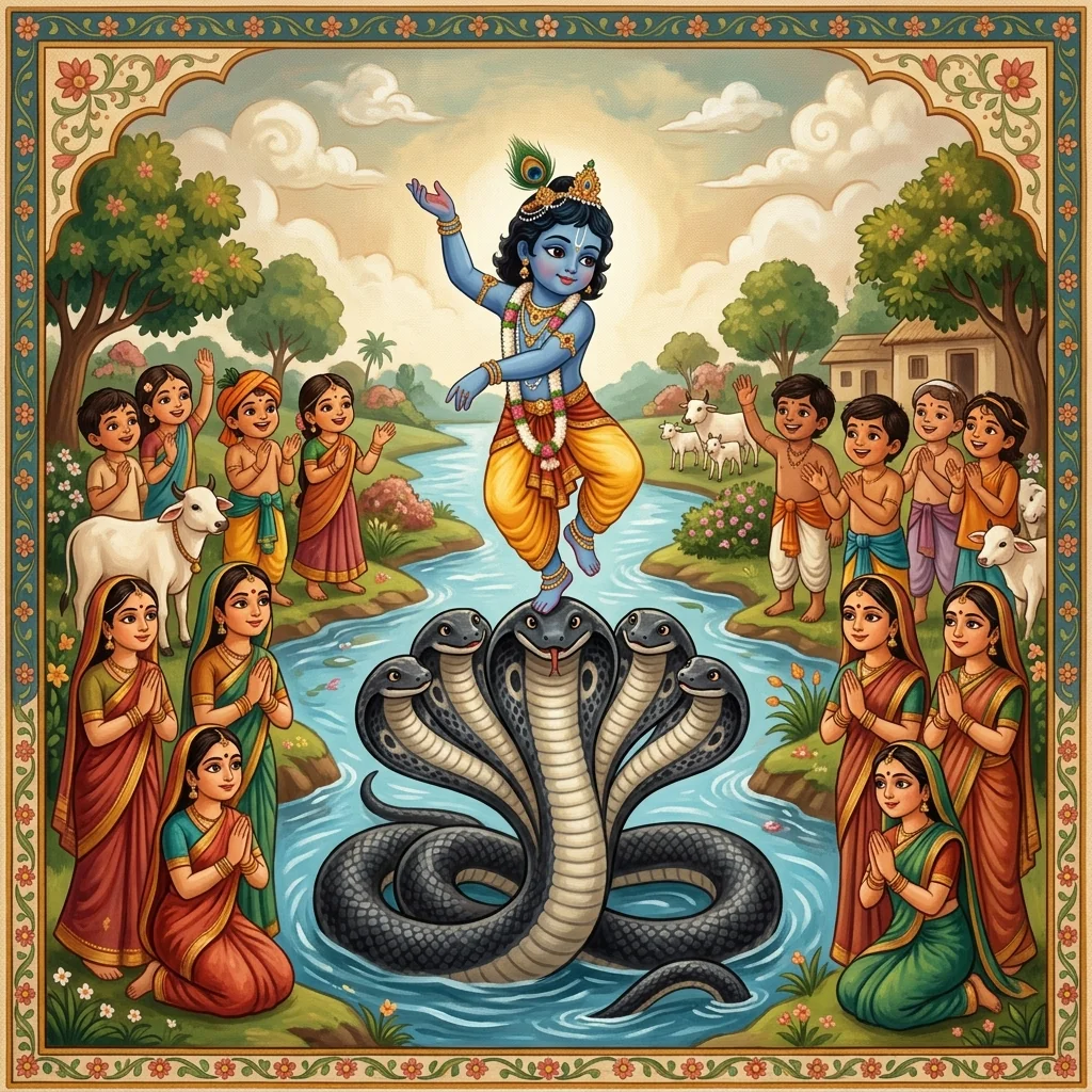 Krishna dances on the serpent Kaliya