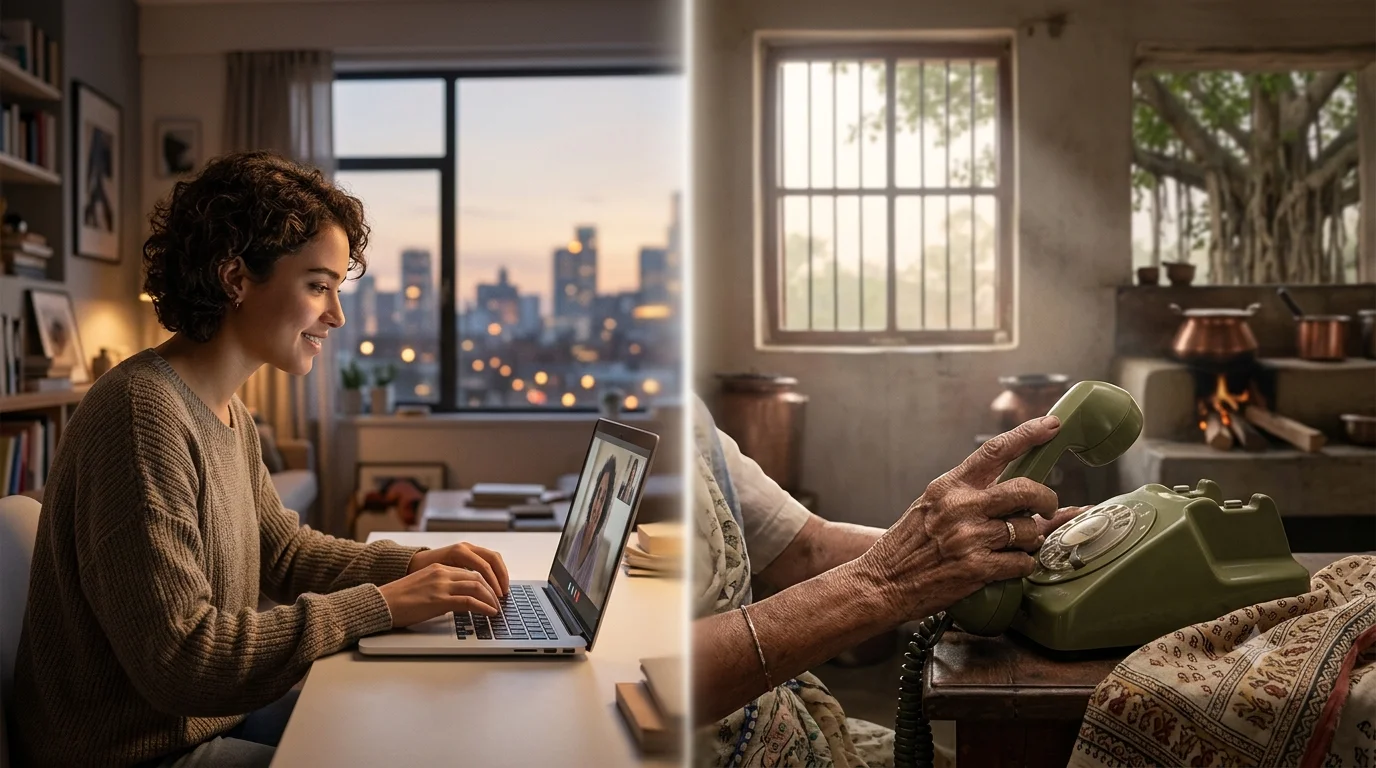A young person at a laptop in a city evening and elderly hands holding a phone in a village morning — family across distance