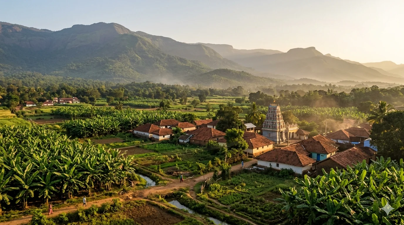 Mutaguppe village in Shimoga district at golden hour — red-tiled houses, banana groves, and the Western Ghats in the distance